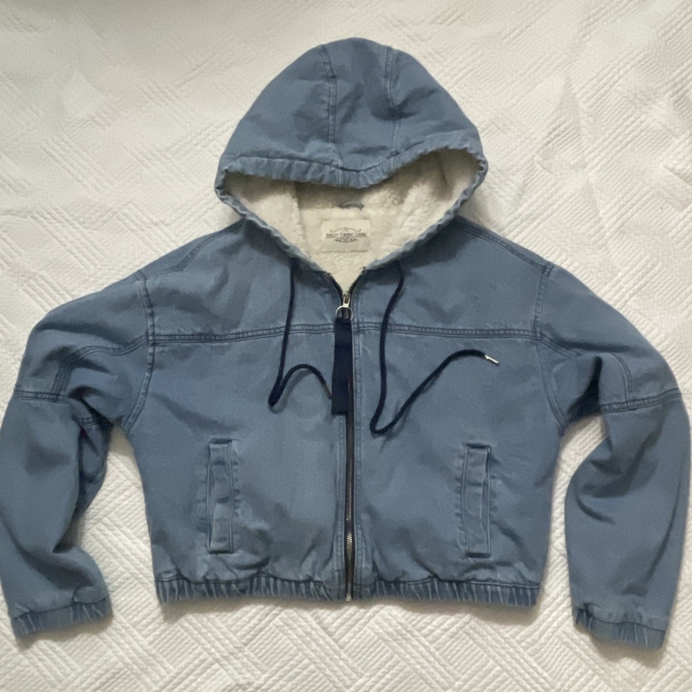 Ashley Vintage Charm Women's Denim Hoodie Jacket  Cropped Sherpa Size L 90s